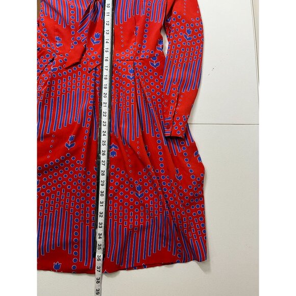 ModCloth Dress Womens 10 Fit and Flare Long Sleeve Pleated Red Blue Print Fall - Picture 12 of 16